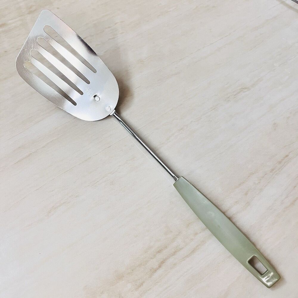 Vintage EKCO 13” Slotted Spatula Turner Angled Chromium Plated USA Green Handle